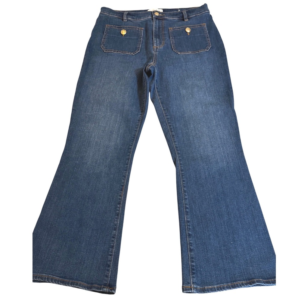 LOFT The Kick Crop Jeans Blue High Rise Gold Button Patch Pocket Denim 29/8
